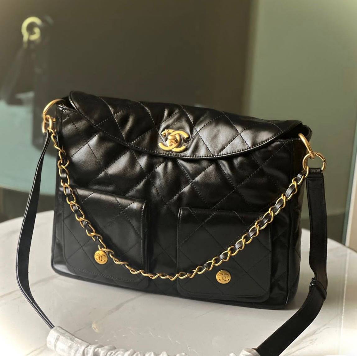 Chanel  Leather Flap Bag with Gold Chain
